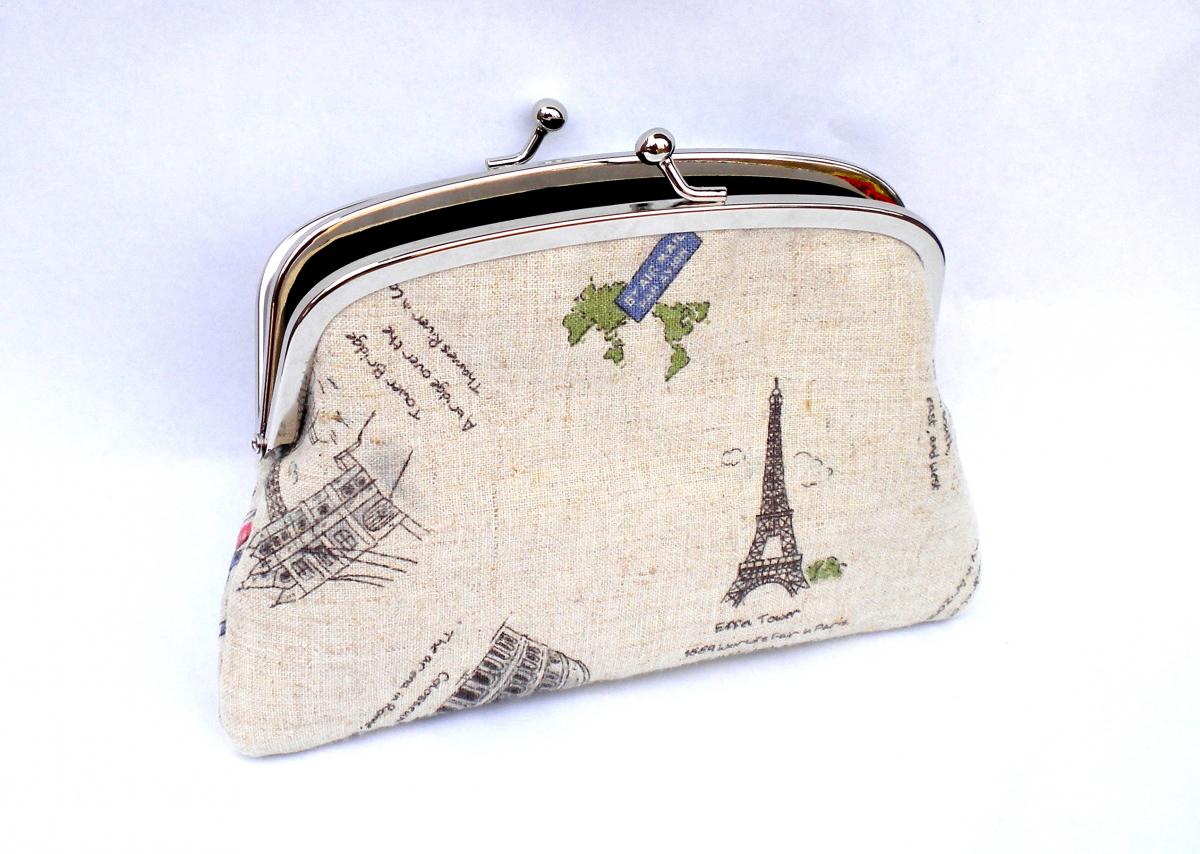 Linen World Travel Coin Purse With 2 Compartments And Black Interior Eg. Rome, Paris, London