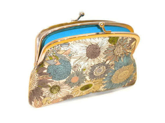 Kiss Lock Wallet With Funky Modern Floral Print - In Shades Of Turquoise, Aqua Blue And Green With 2 Compartments