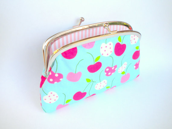 Large Coin Purse Wallet Made With Metal Clasp Frame - Kitsch Cherry And Stripey - Kawaii