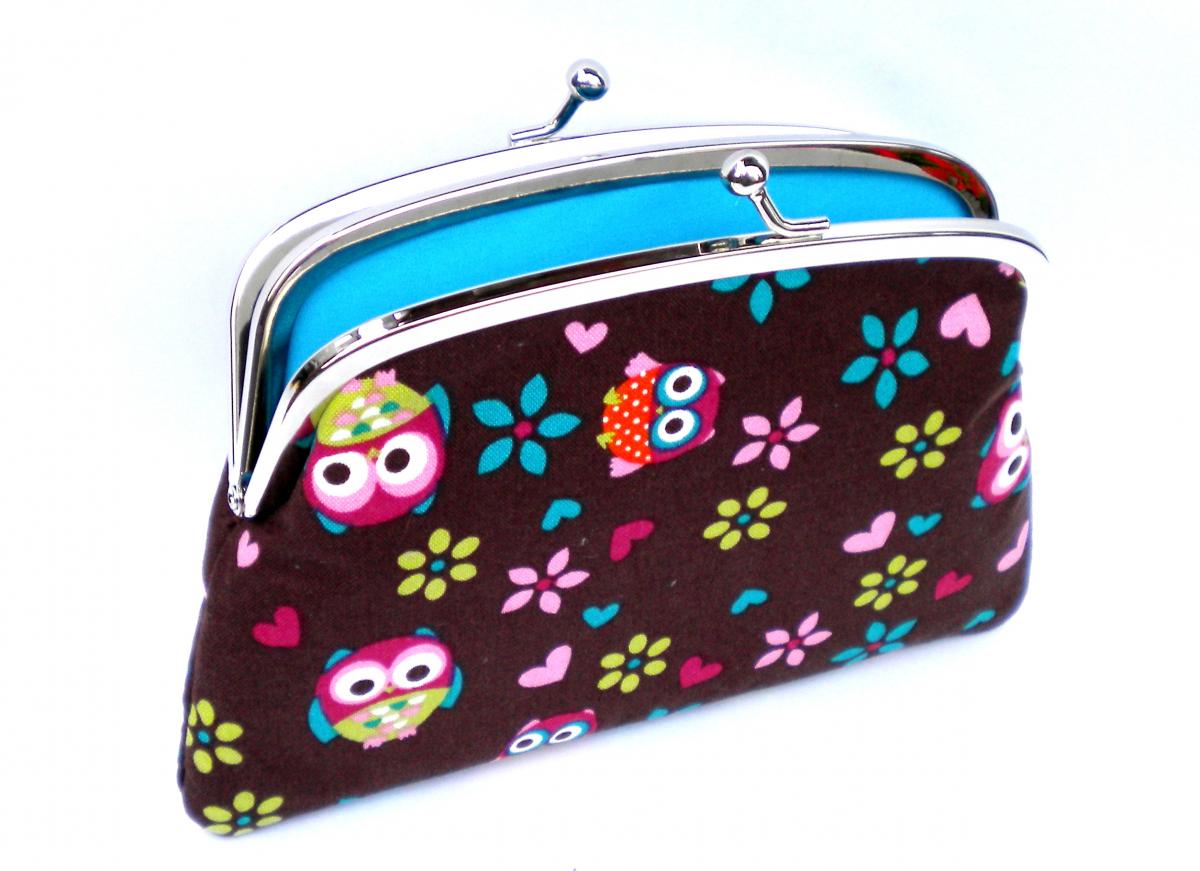 Cute Coin Purse Pouch Made From Brown Kawaii Owl Fabric With 2 Sections Interior - Metal Frame Wallet