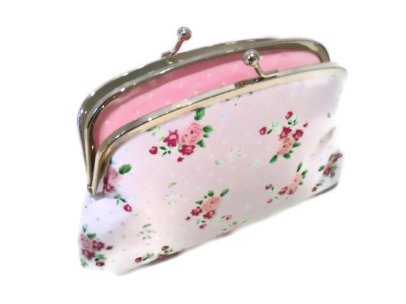 Double Section Coin Purse - White Shabby Chic Ditsy Fabric Wallet - Cath Kidston & Pastel Pink Polka Dots