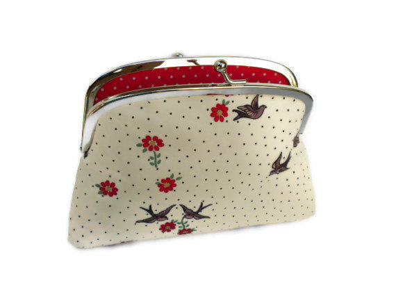 Large Coin Purse - Metal Frame Wallet With 2 Compartments - Cream Swallow Fabric Floral And Red Polka Dots