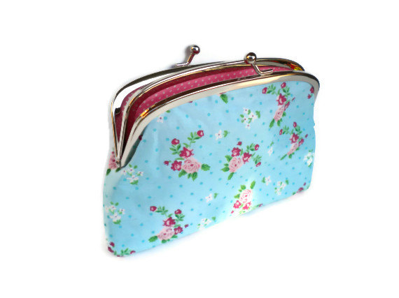 Coin Pouch - Blue Ditsy Metal Frame Purse With 2 Compartments - Cath Kidston Fabric Floral And Pink Polka Dots