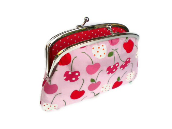 Large Coin Purse Wallet Made With Metal Kiss Clasp Frame- Kawaii Pink Cherries And Red Polka Dots