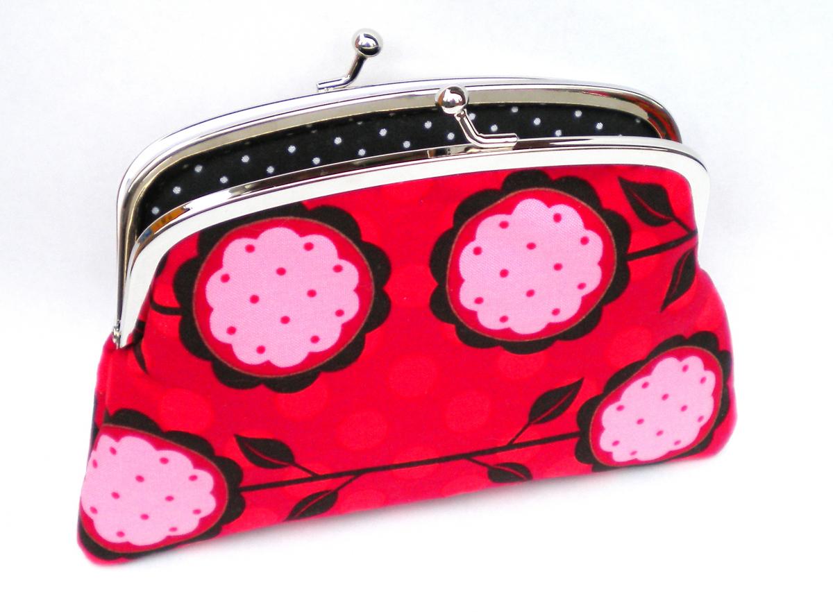 Coin Purse Wallet With Double Frame Snap Lock - Red Flowers And Polka Dot Fabric