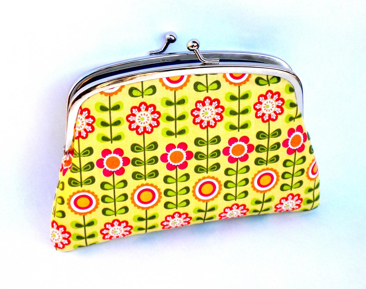 Yellow Flower Coin Purse Made With Twin Section Metal Wallet Frame - Orange Floral